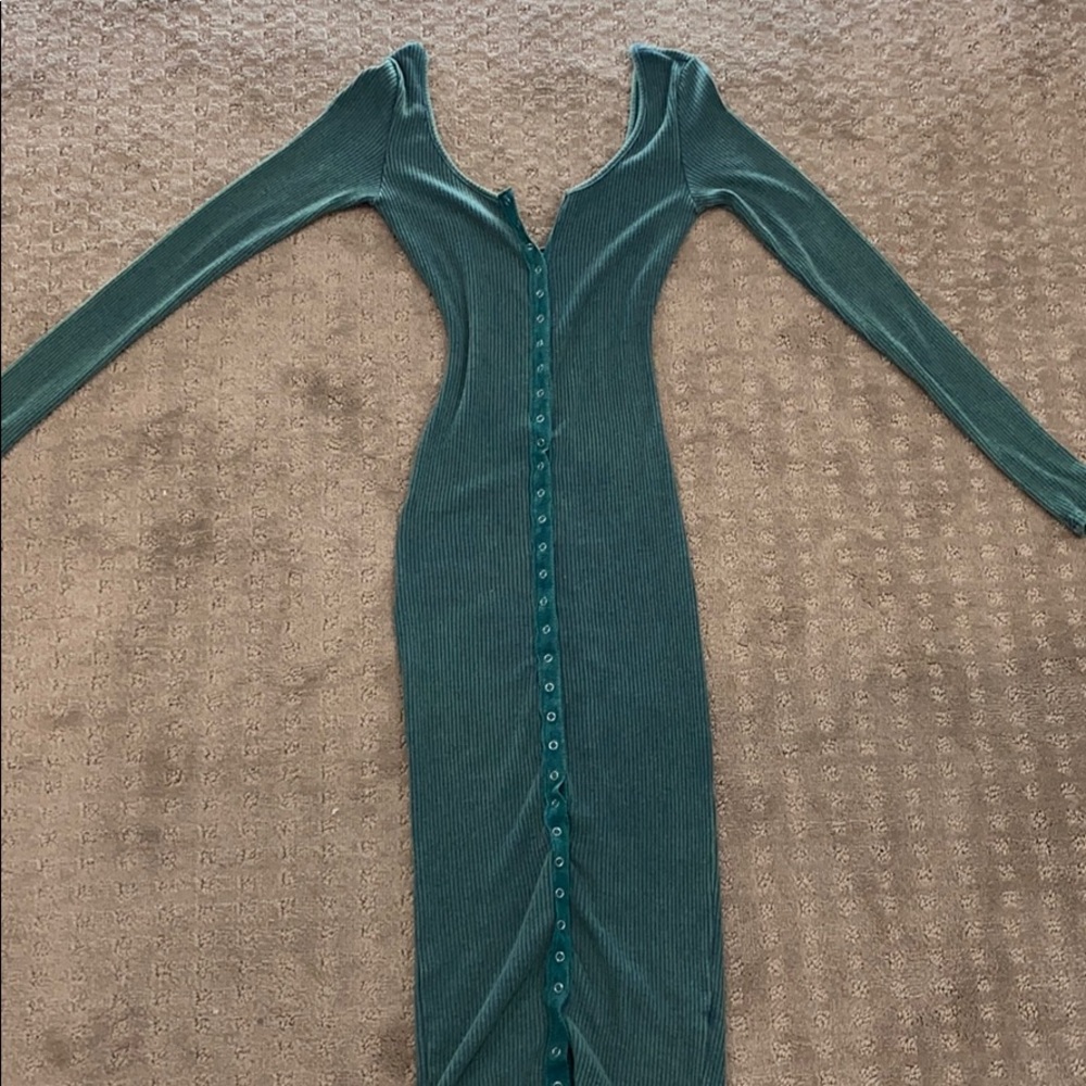 Teal button up ribbed long sleeve dress